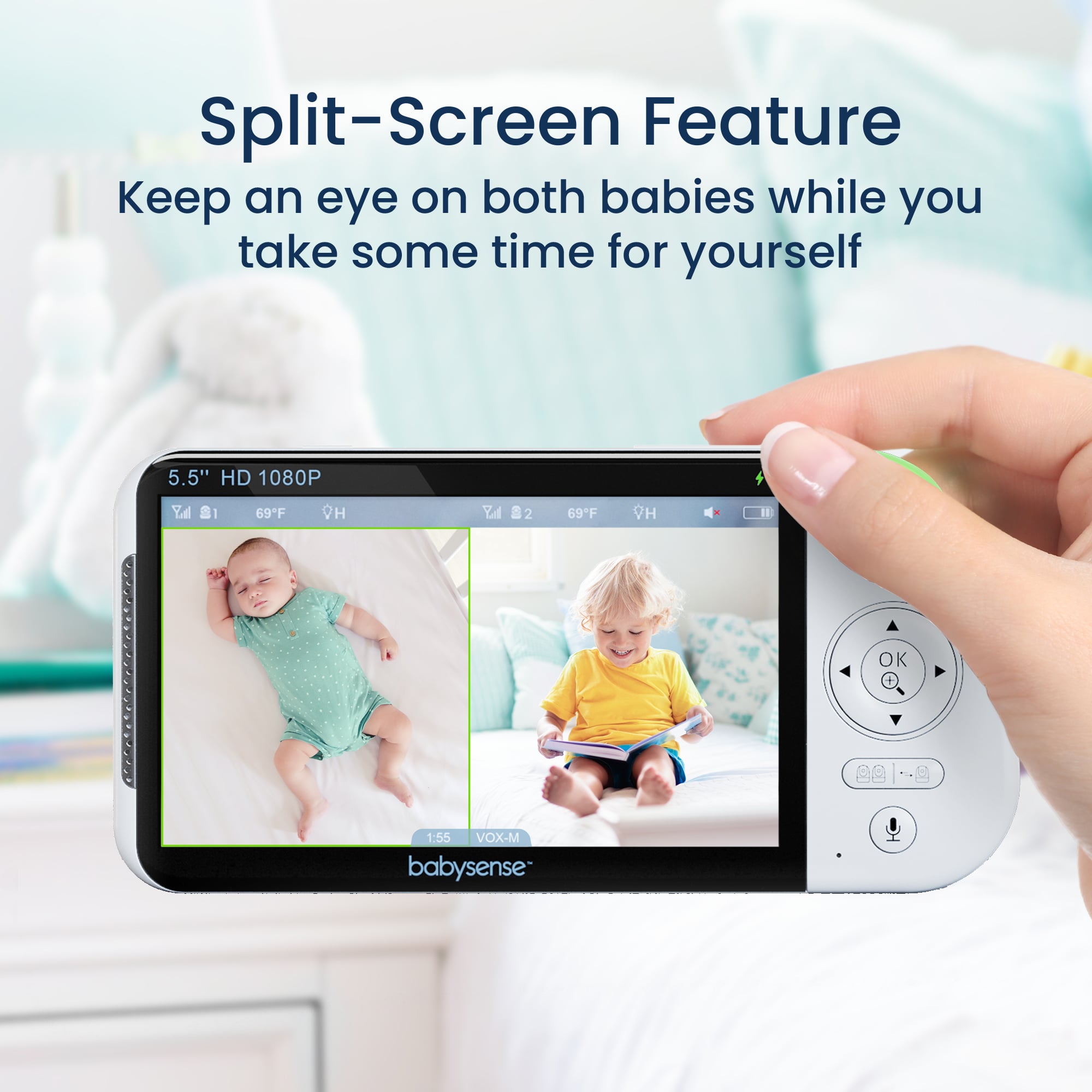 Babysense Max View: Video Baby Monitor, One Camera, Non Wifi, Split Screen, Night Light & Sound Machine