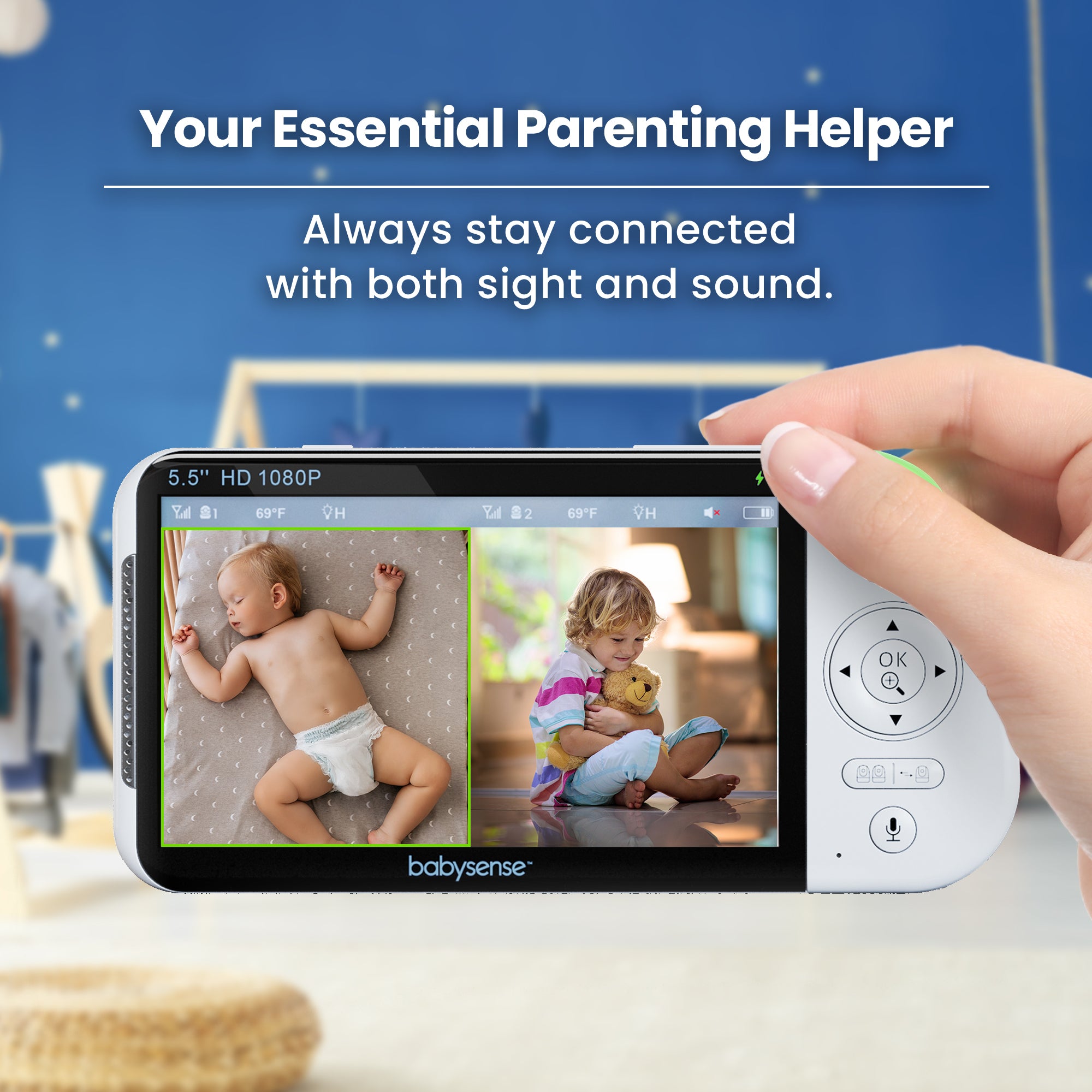 Babysense Maxview: Vigilabebés con 2 Cámaras, Pantalla Dividida, Sin WiFi, Luz Quitamiedos & Máquina de Ruido Blanco