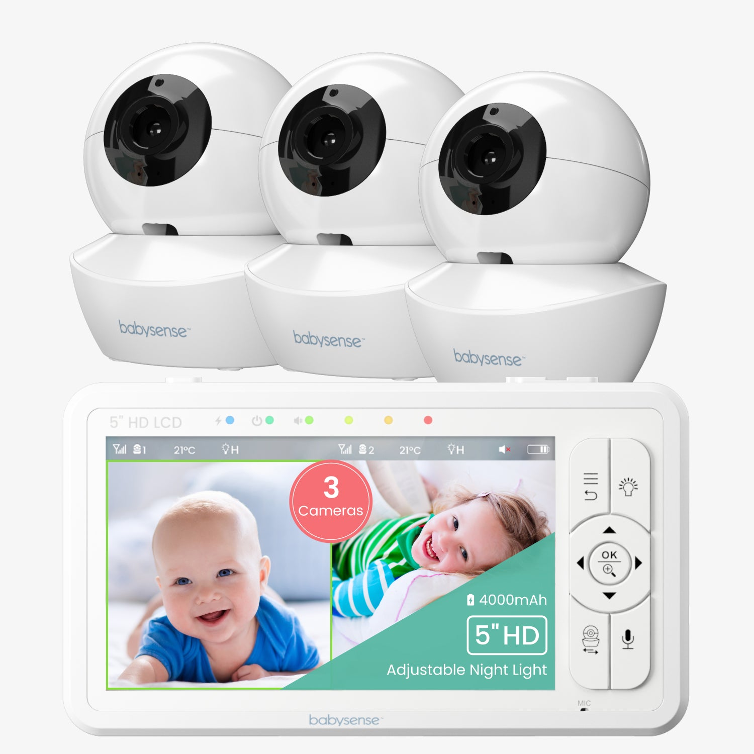 Babysense HD S2: Baby monitor per Neonati con 3 Telecamere, Schermo Diviso e Luce Notturna