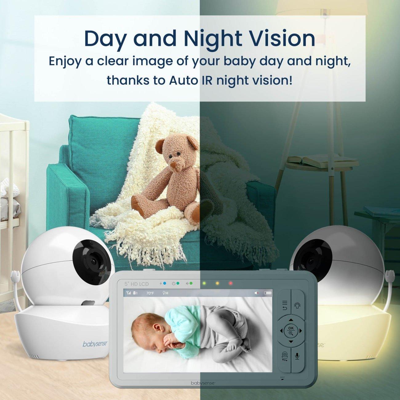 Babysense HD S2: Baby monitor per Neonati con 3 Telecamere, Schermo Diviso e Luce Notturna