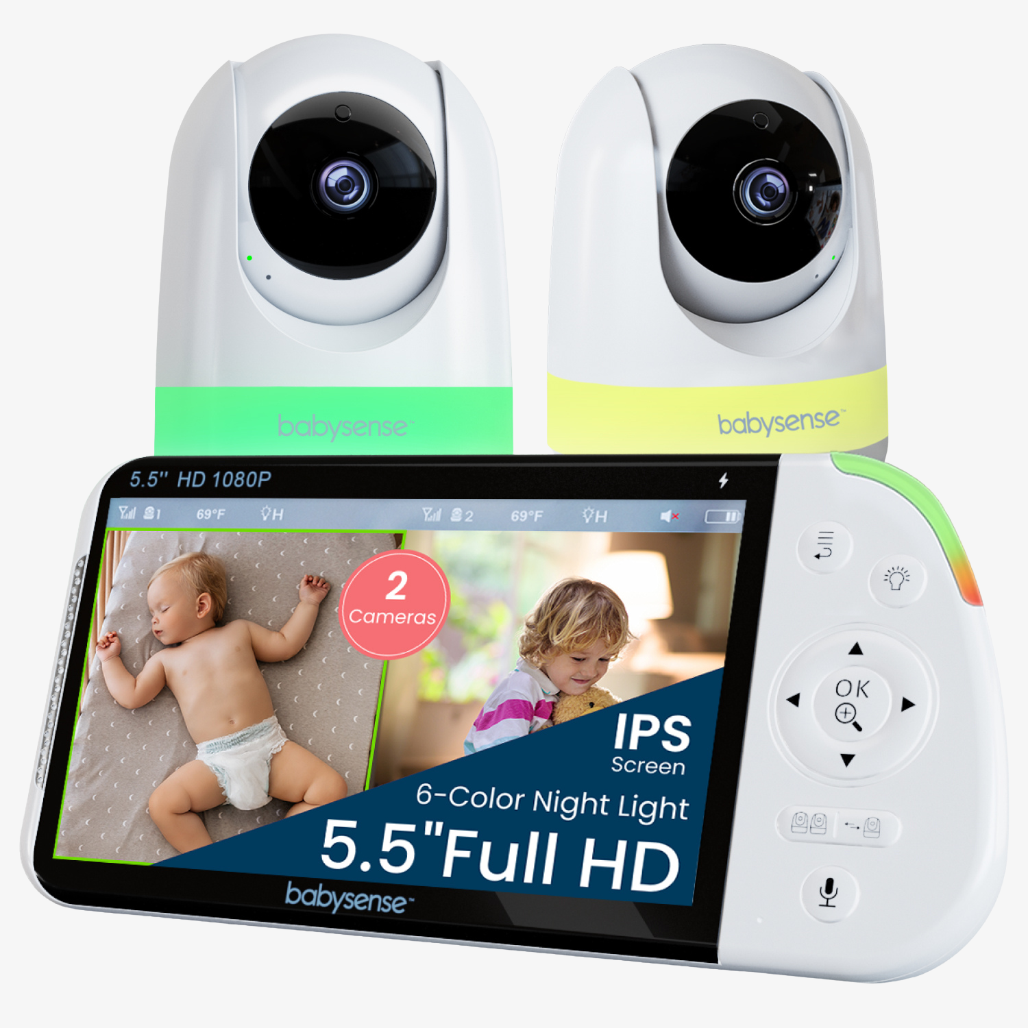 Babysense MaxView PRO: Vigilabebés con vídeo y 2 cámaras, sin Wi-Fi, pantalla dividida, luz nocturna y máquina de sonido