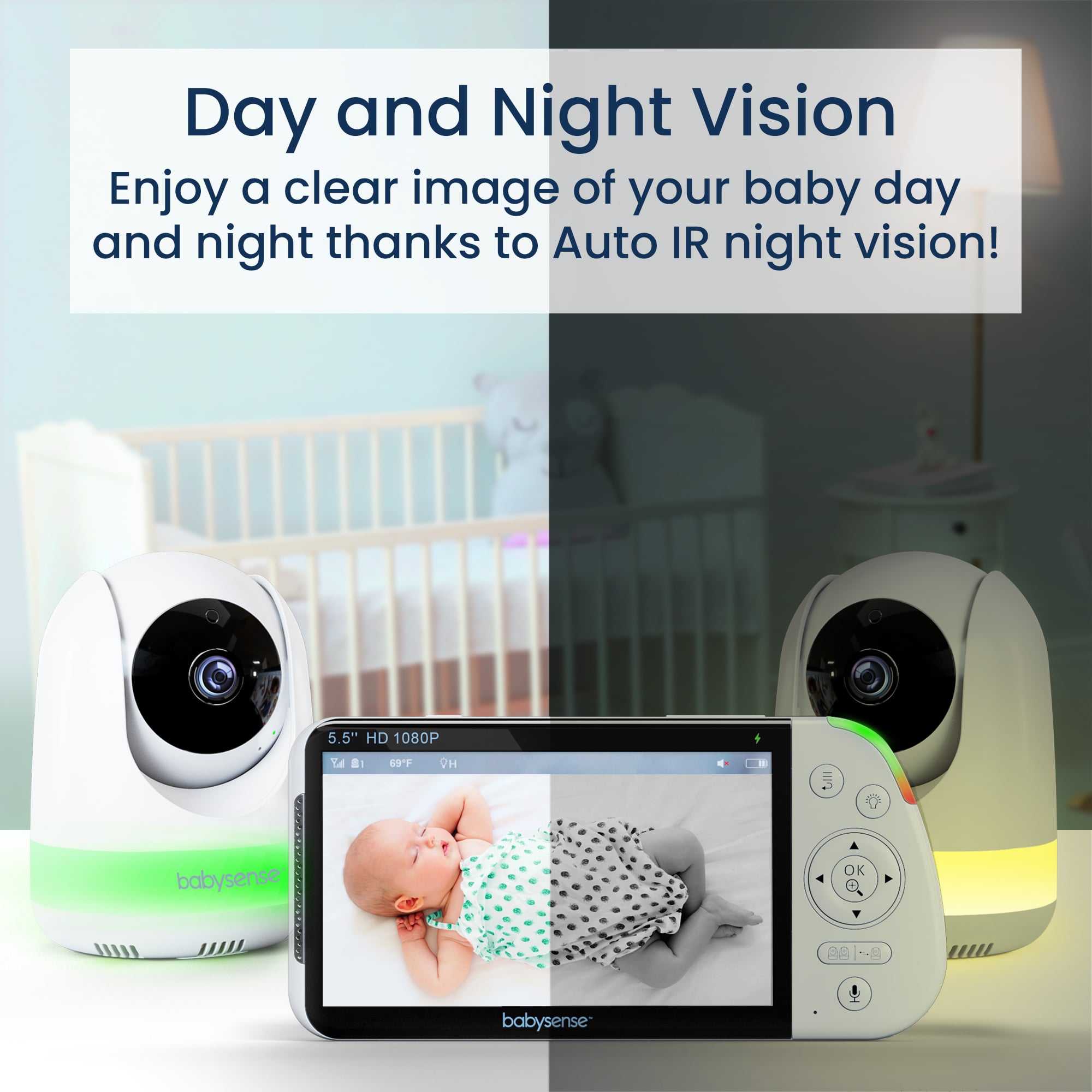 Maxview Baby Monitor 5,5 pouces 1080p Full HD, bruit blanc, écran partagé avec 2 caméras