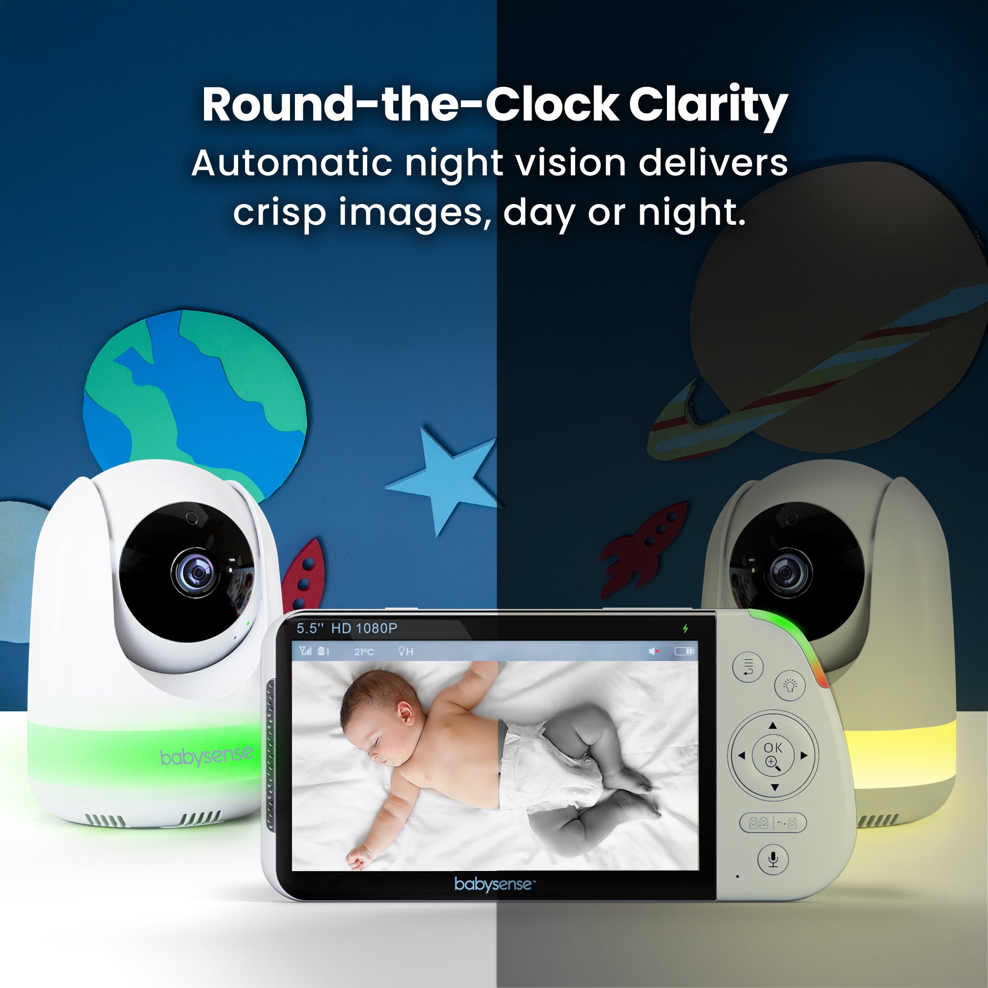 Babysense Maxview: Vigilabebés con 2 Cámaras, Pantalla Dividida, Sin WiFi, Luz Quitamiedos & Máquina de Ruido Blanco