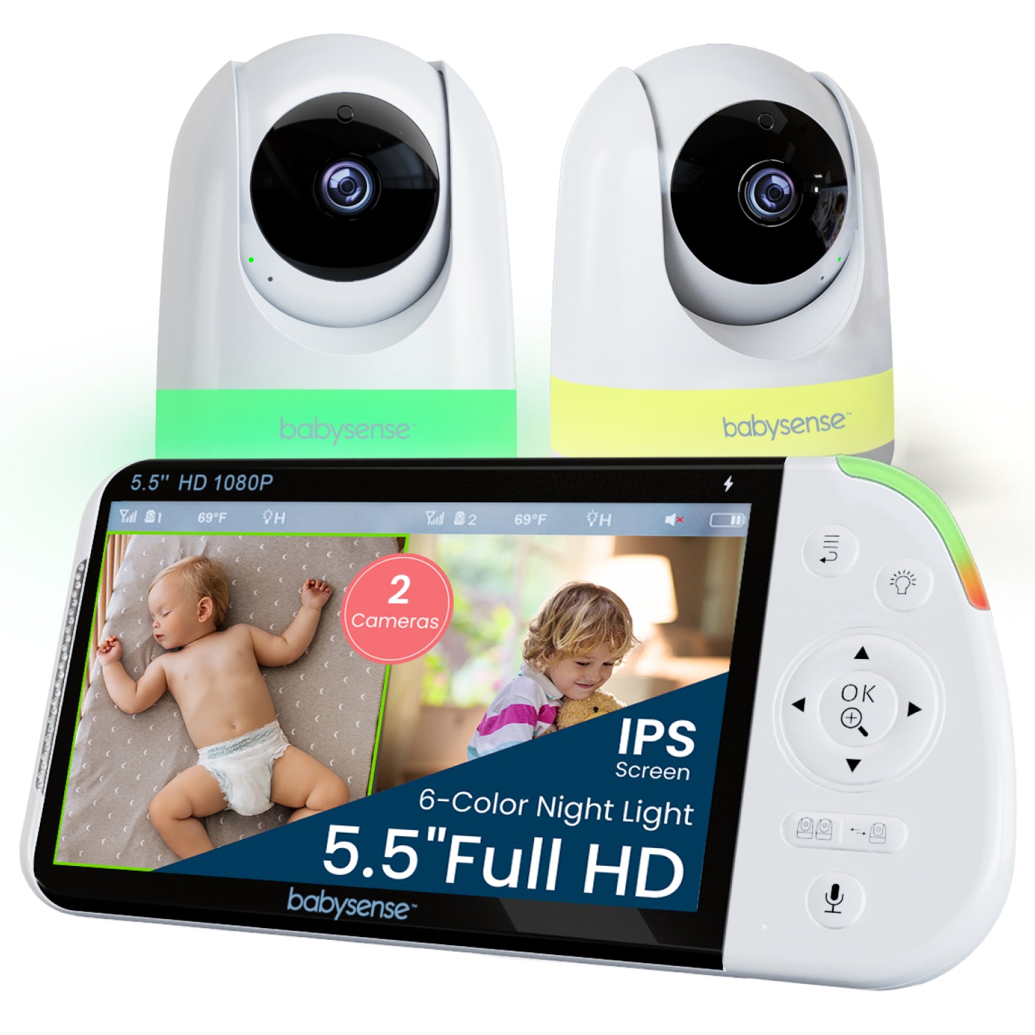 Babysense Maxview: Vigilabebés con 2 Cámaras, Pantalla Dividida, Sin WiFi, Luz Quitamiedos & Máquina de Ruido Blanco
