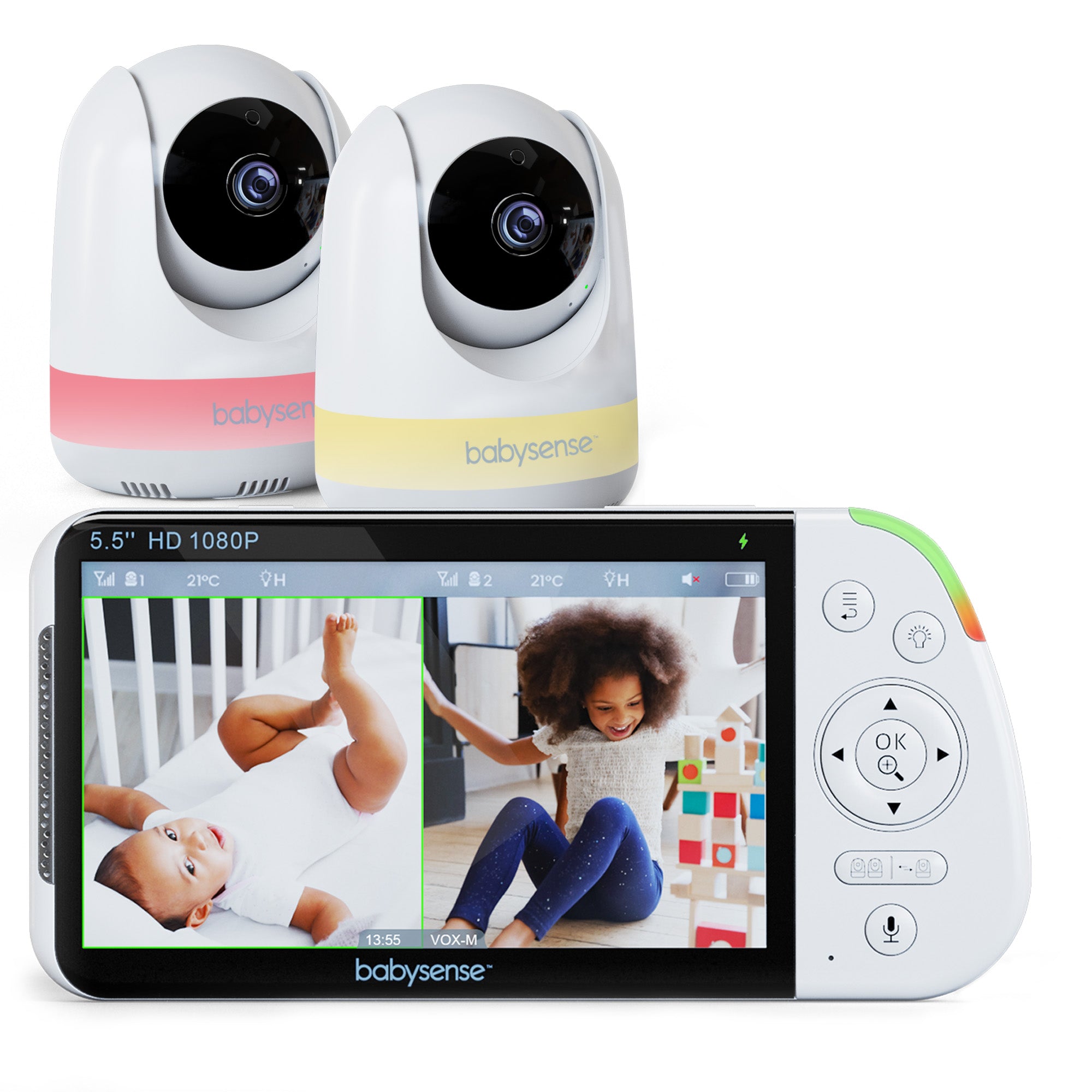 Baby Monitor Maxview 5,5 pollici 1080p Full HD, rumore bianco, schermo diviso con 2 fotocamere