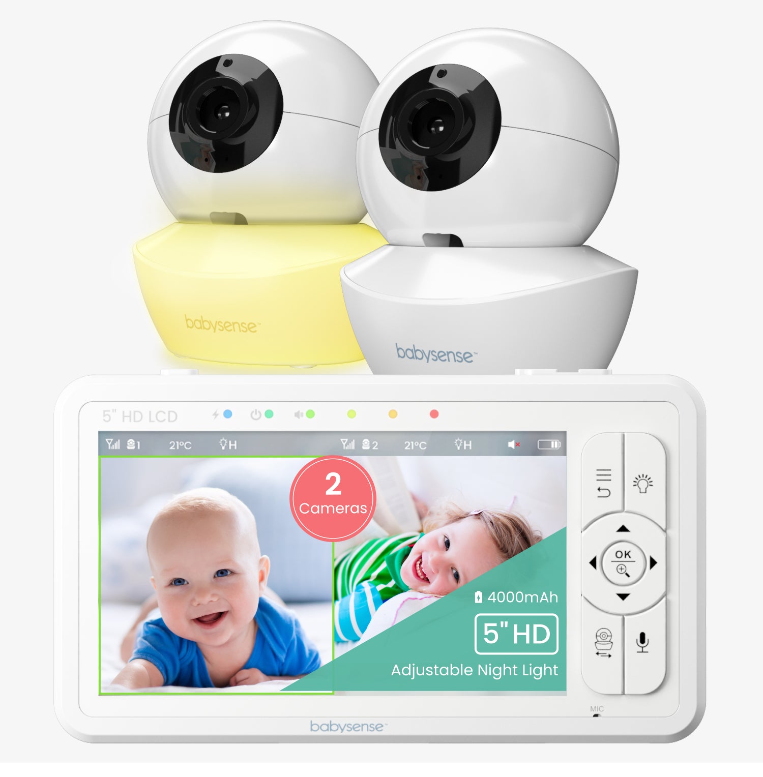 Babysense HD S2: Babyphone avec 2 Caméras, Écran Partagé Monitor & Bebe Veilleuse, Sans Wi-Fi 