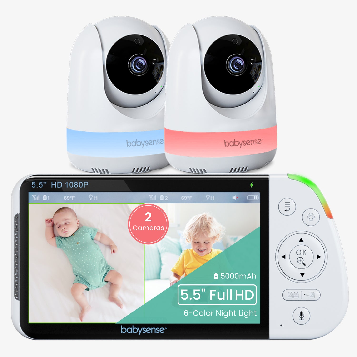 Babysense Maxview: Babyphone avec 2 Caméras, Écran Partagé Monitor, Bruit Blanc Machine & Bebe Veilleuse, Sans Wi-Fi 