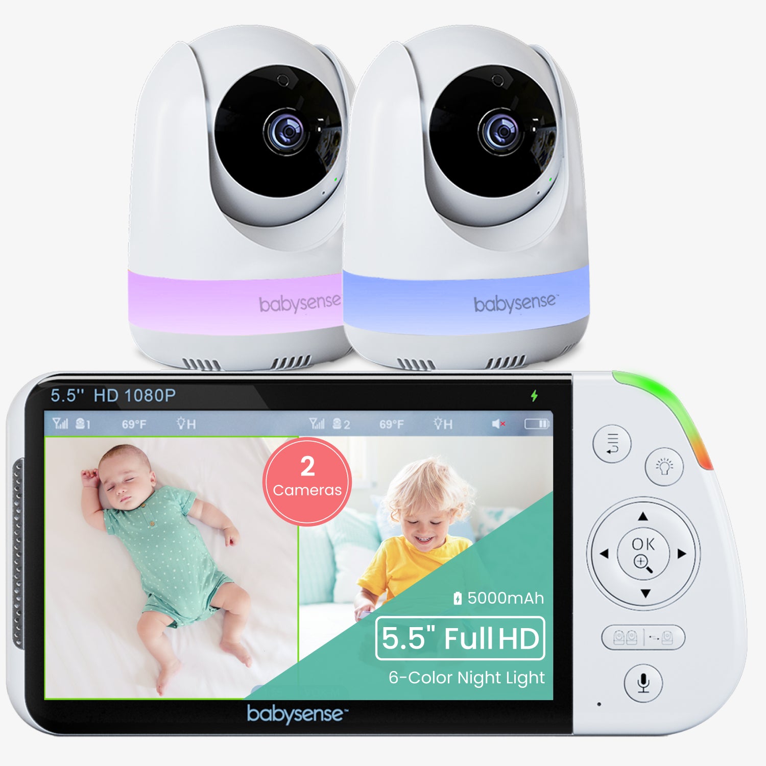 Babysense Maxview: Babyphone avec 2 Caméras, Écran Partagé Monitor, Bruit Blanc Machine & Bebe Veilleuse, Sans Wi-Fi 