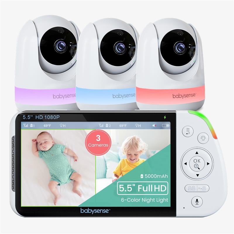 Babysense Maxview: Vigilabebés con 3 Cámaras, Pantalla Dividida, Sin WiFi, Luz Quitamiedos & Máquina de Ruido Blanco