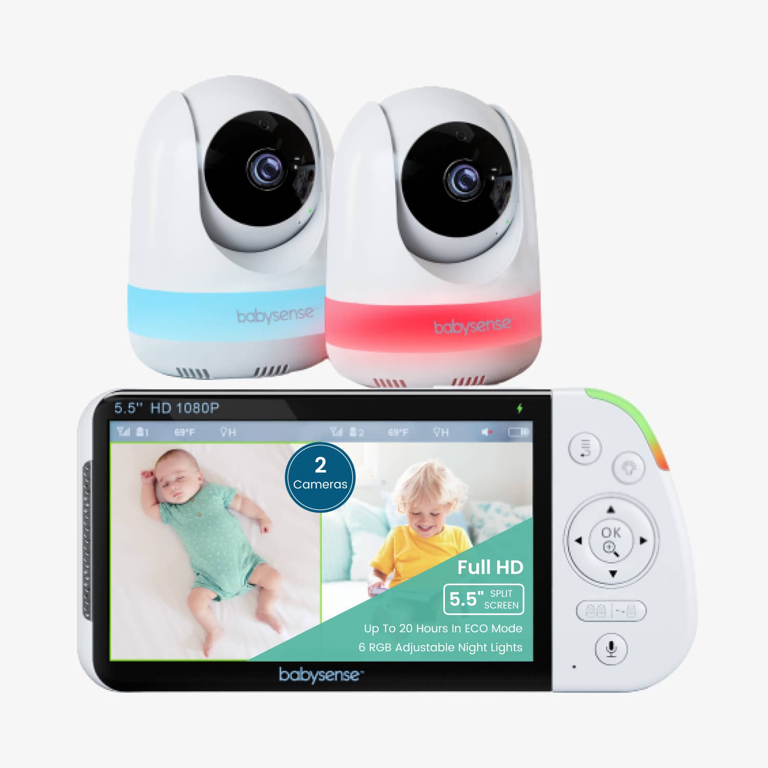 Baby Monitor Maxview 5,5 pollici 1080p Full HD, rumore bianco, schermo diviso con 2 fotocamere