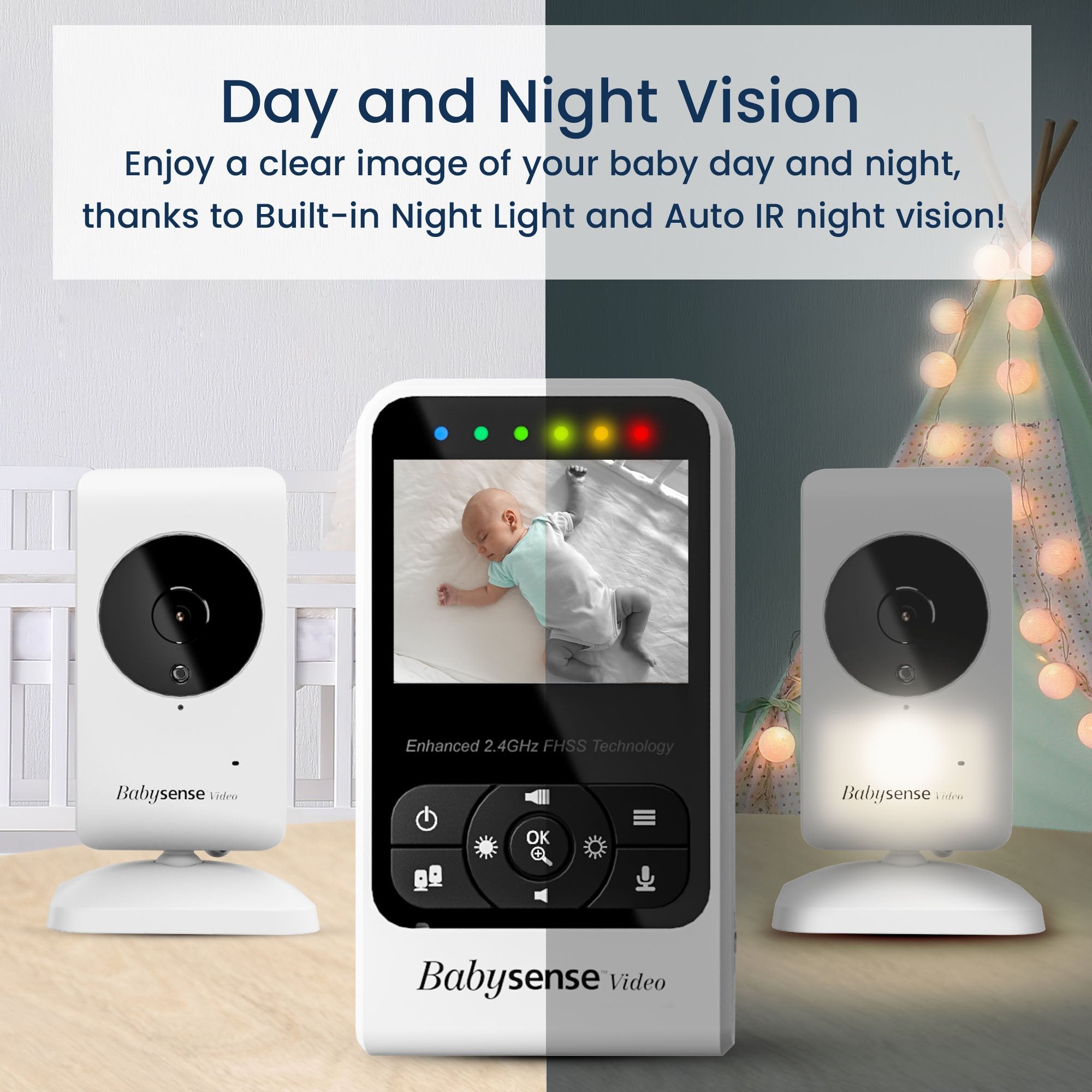 Babysense Split Screen Video Baby Monitor, 4.3 Display with 2 PTZ Cameras,  Long Range, Night Light & Vision, Two-Way Talk, V43 